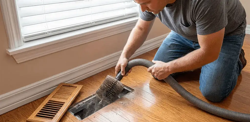 Air duct cleaning technician vacuuming a floor vent and duct opening in Irvine, CA