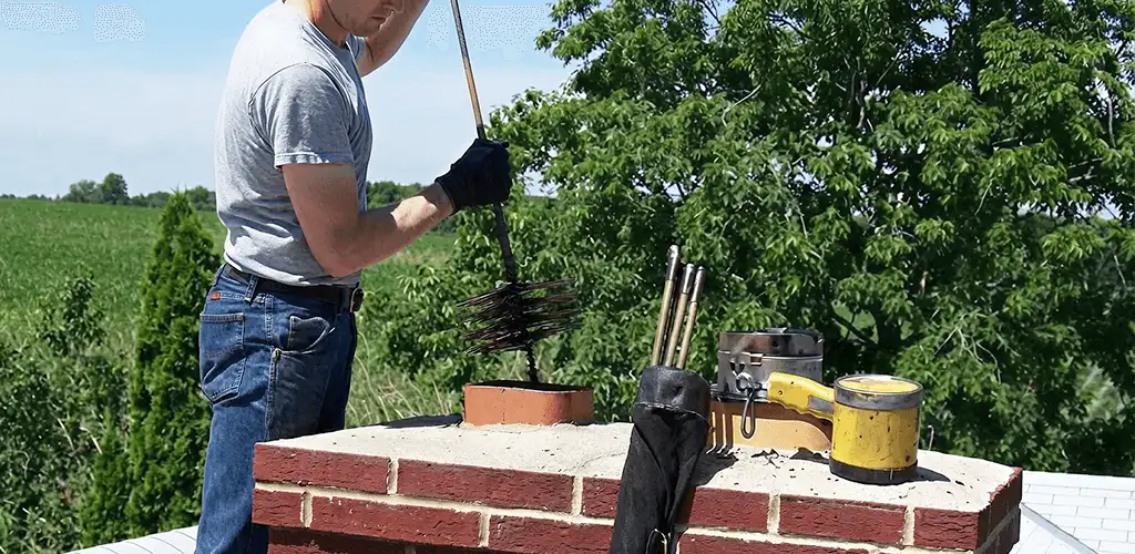 Chimney cleaning technician working on a rooftop chimney with professional tools in Irvine, CA