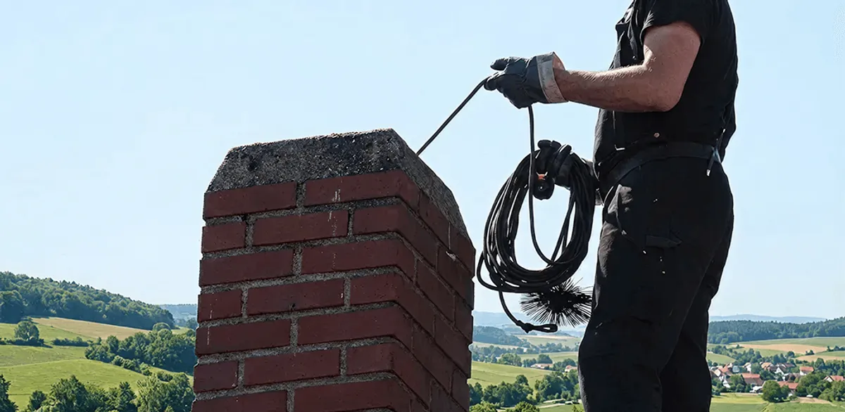 Chimney sweep inspecting and cleaning a rooftop chimney in Irvine, CA