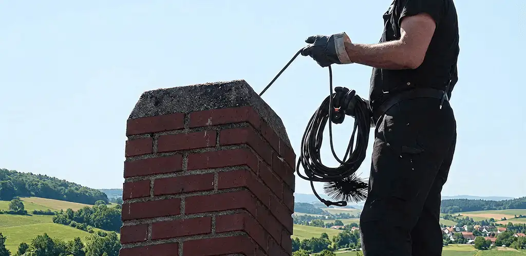 Chimney sweep inspecting and cleaning a rooftop chimney in Irvine, CA