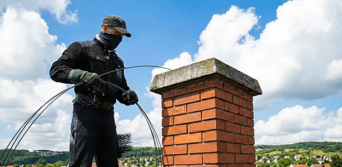Chimney sweep cleaning a brick chimney with professional tools in Irvine, CA