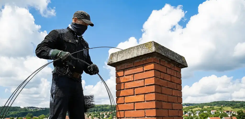 Chimney sweep cleaning a brick chimney with professional tools in Irvine, CA