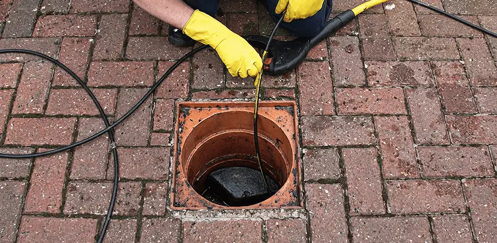 Drain cleaning technician using a drain snake to clear a clogged drain in Irvine, CA