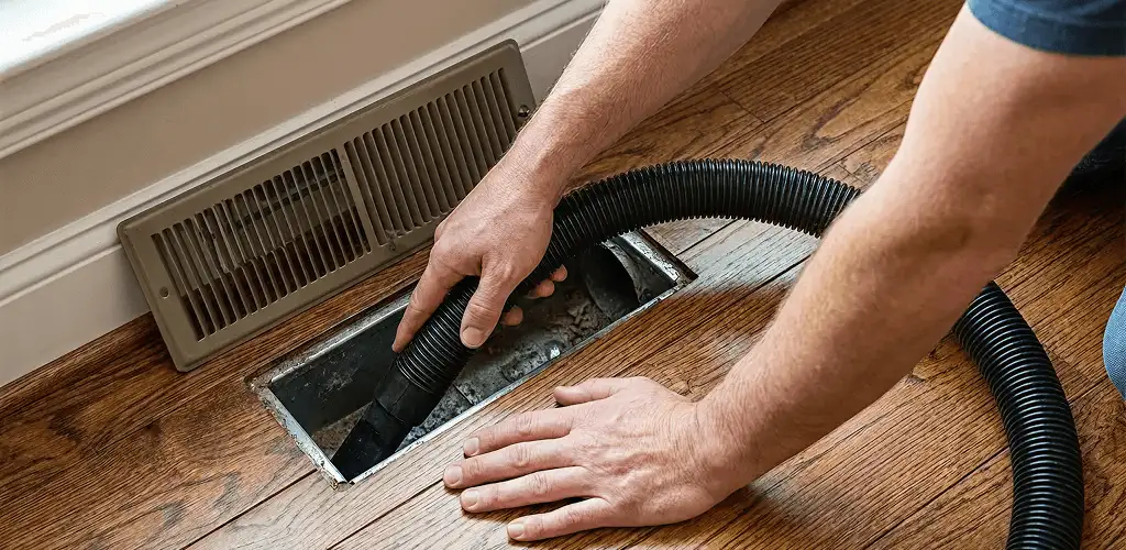 Air duct cleaning technician vacuuming a floor register and duct opening in Irvine, CA