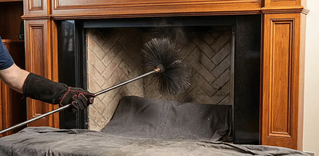 Chimney cleaning service brushing soot from a fireplace and flue in Irvine, CA