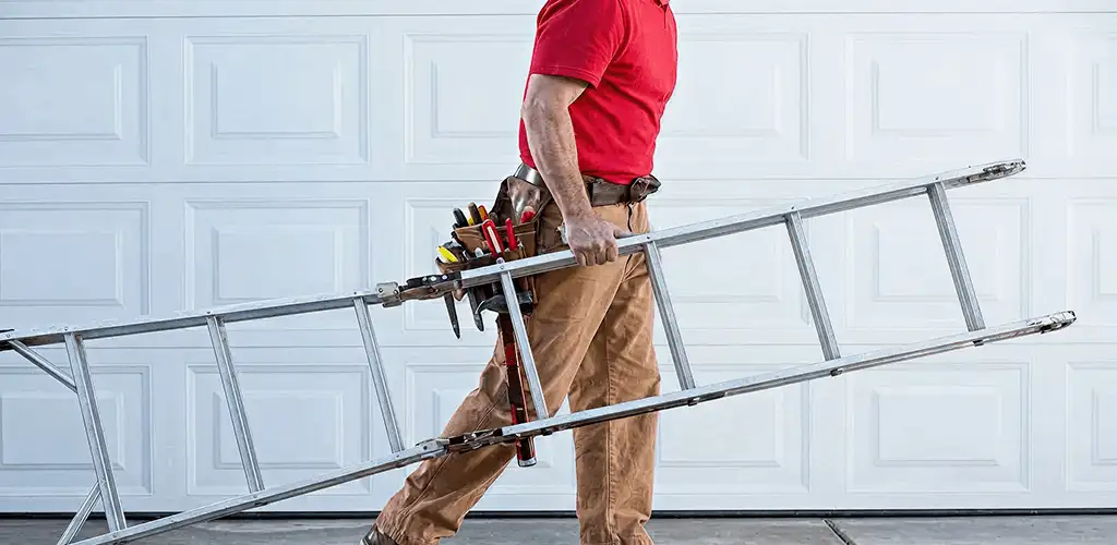 Garage door repair technician arriving with tools and ladder in Irvine, CA