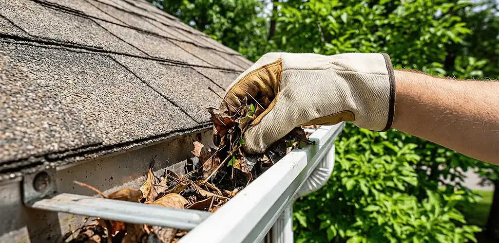 Gutter cleaning removing leaves and debris from roof gutters in Irvine, CA