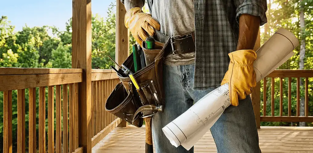 Professional handyman with tool belt ready for home repairs in Irvine, CA