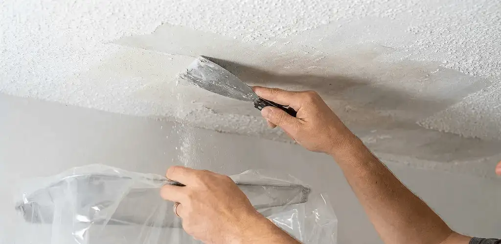 Popcorn ceiling removal technician scraping texture from a ceiling in Irvine, CA