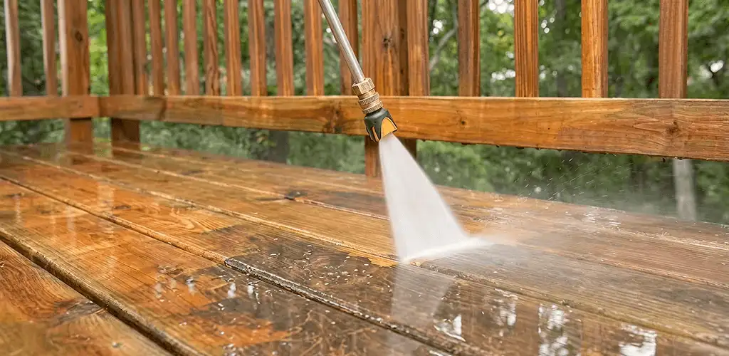 Pressure washing a wood deck to remove dirt and buildup in Irvine, CA