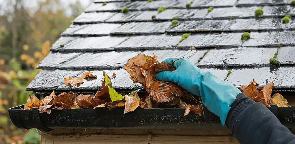Gutter cleaning technician clearing wet leaves from roof gutters in Irvine, CA