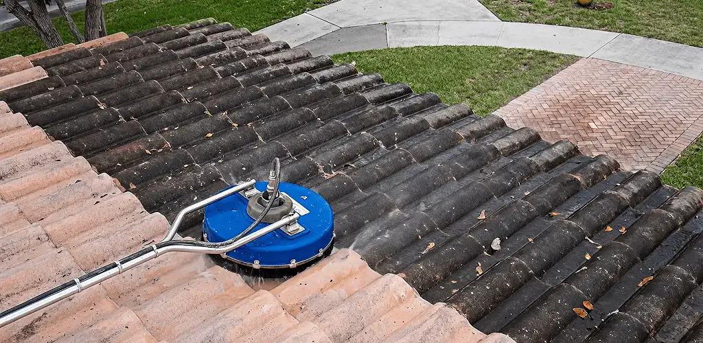 Roof pressure cleaning removing debris and buildup from roof tiles in Irvine, CA