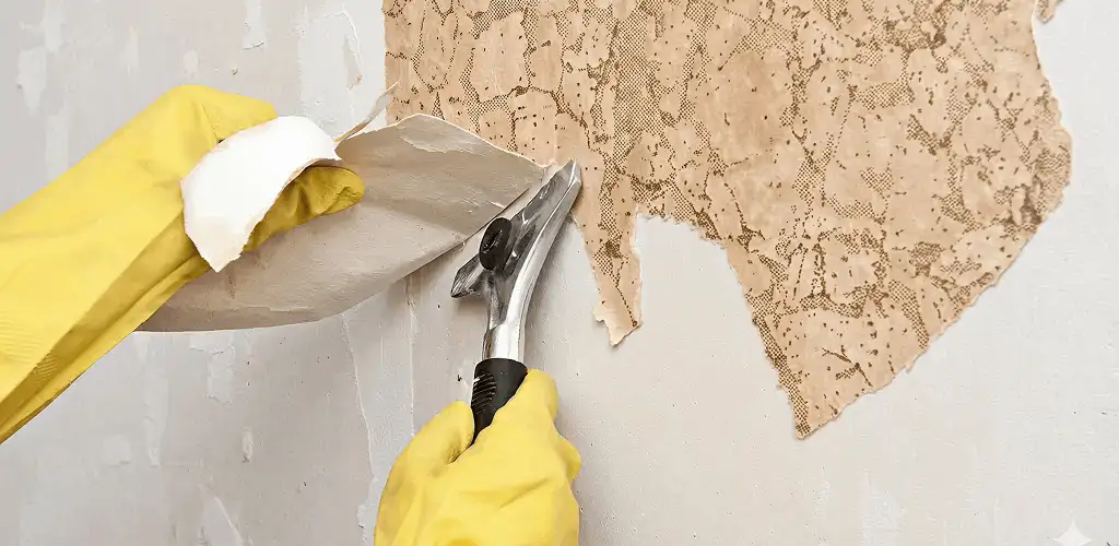Wallpaper removal service stripping old wallpaper from a wall in Irvine, CA