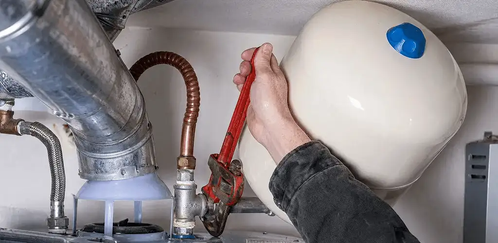 Water heater repair technician tightening plumbing connections near a tank unit in Irvine, CA